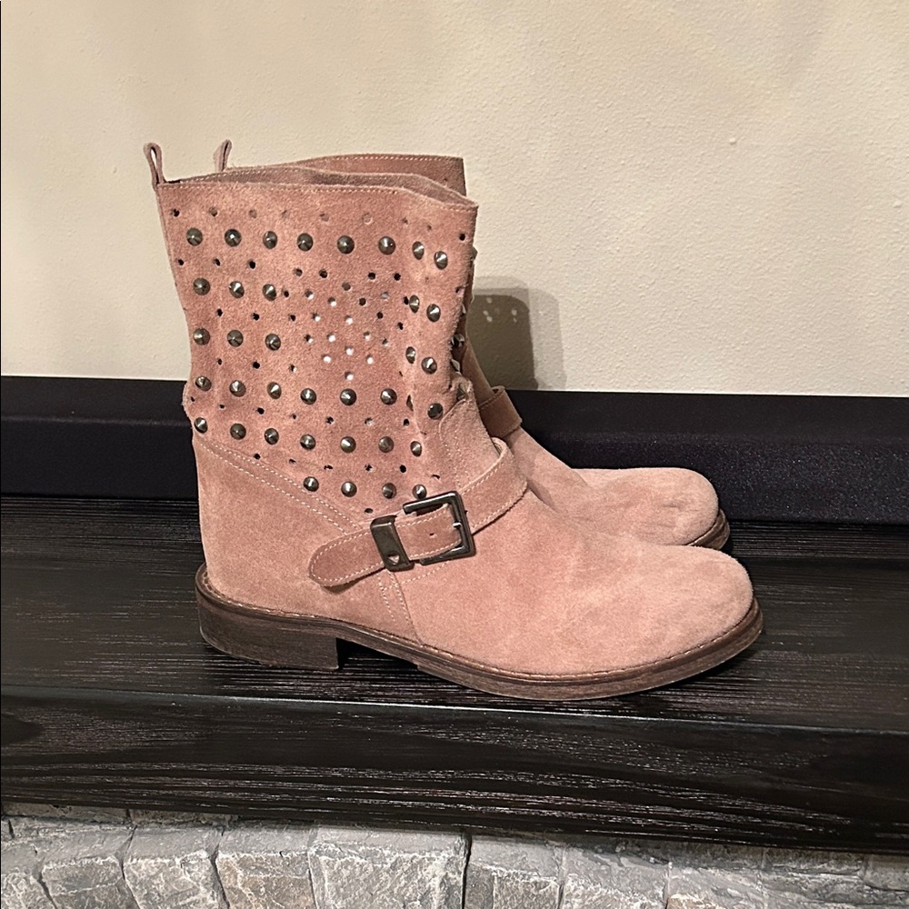 Studded Suede Ankle Boots - Tan